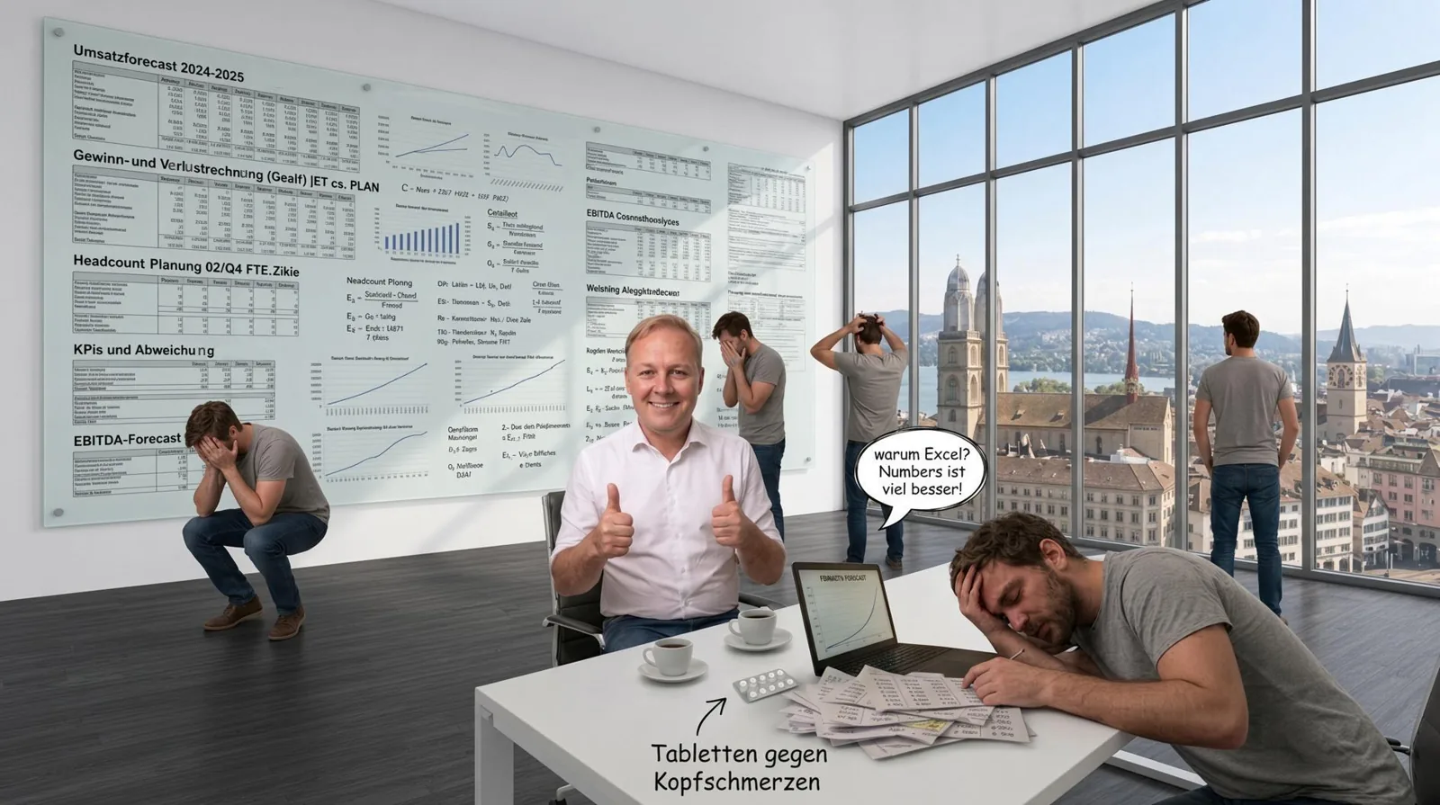 Satirisches Bürobild: René Horvath vor Finanzübersichten, umgeben von überforderten Mitarbeitern.