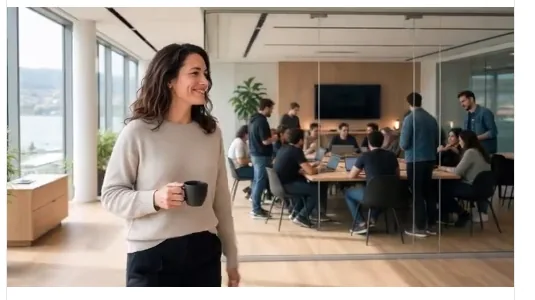 Geschäftsführerin vor einem gut besuchten Meetingraum eines wachsenden Teams.