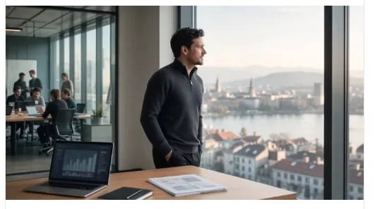 Geschäftsführer am Schreibtisch mit Blick auf ein gewachsenes Team im Zürcher Büro.